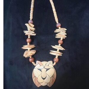 Vintage Wood Inlay Lion's Head and Wood Beaded Necklace with screw latch.